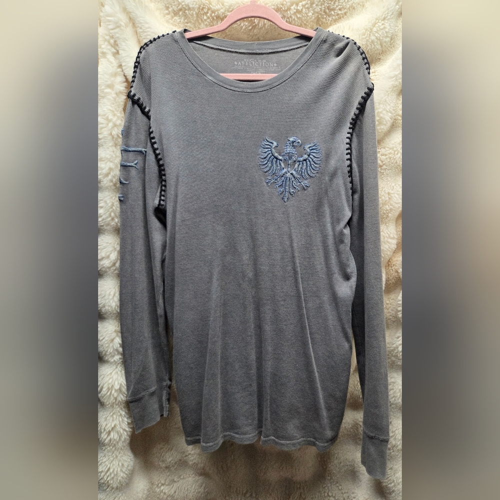 Men's Vintage Affliction Gray Long Sleeve Thermal w/Blue Embroidery Sz L